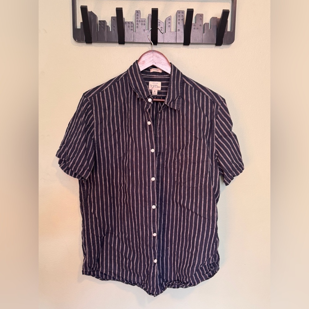 J.Crew 100% Linen Navy/White Striped S/S Shirt
